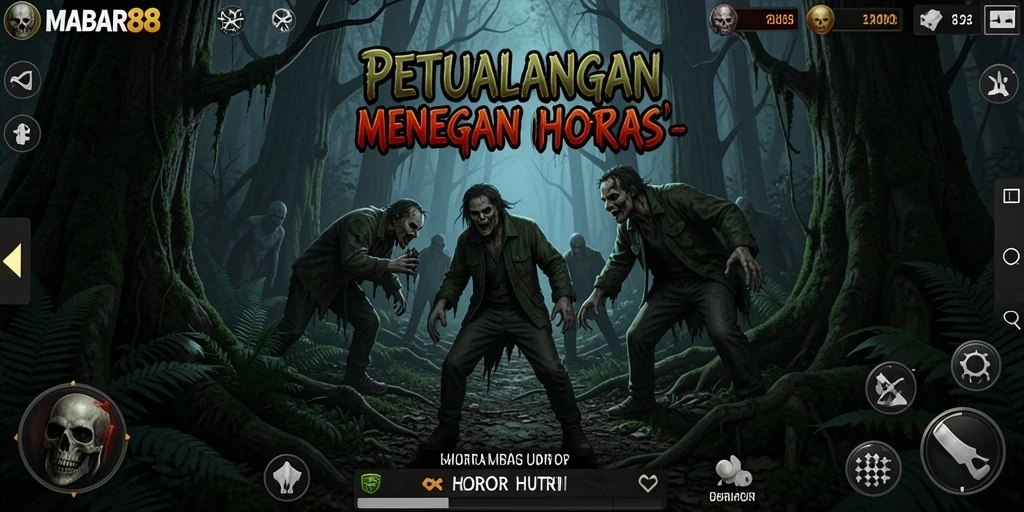 Antarmuka menegangkan yang menggambarkan suasana hutan horor.