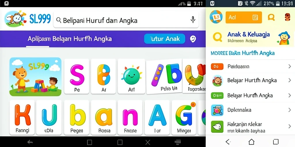 Antarmuka SL999 menampilkan permainan belajar huruf dan angka yang menarik.